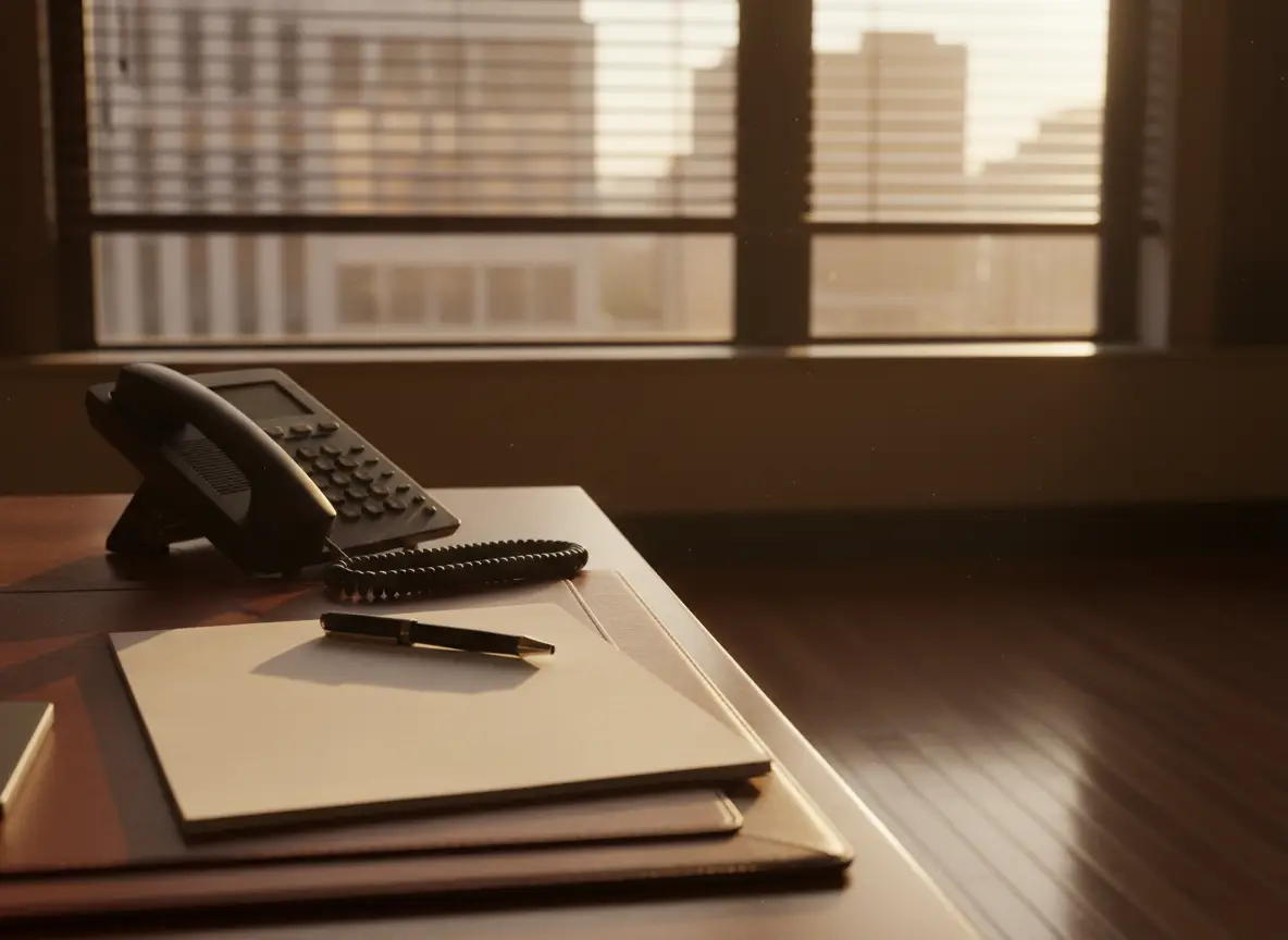 A desk telephone and a blank legal pad beside a window overlooking the city.