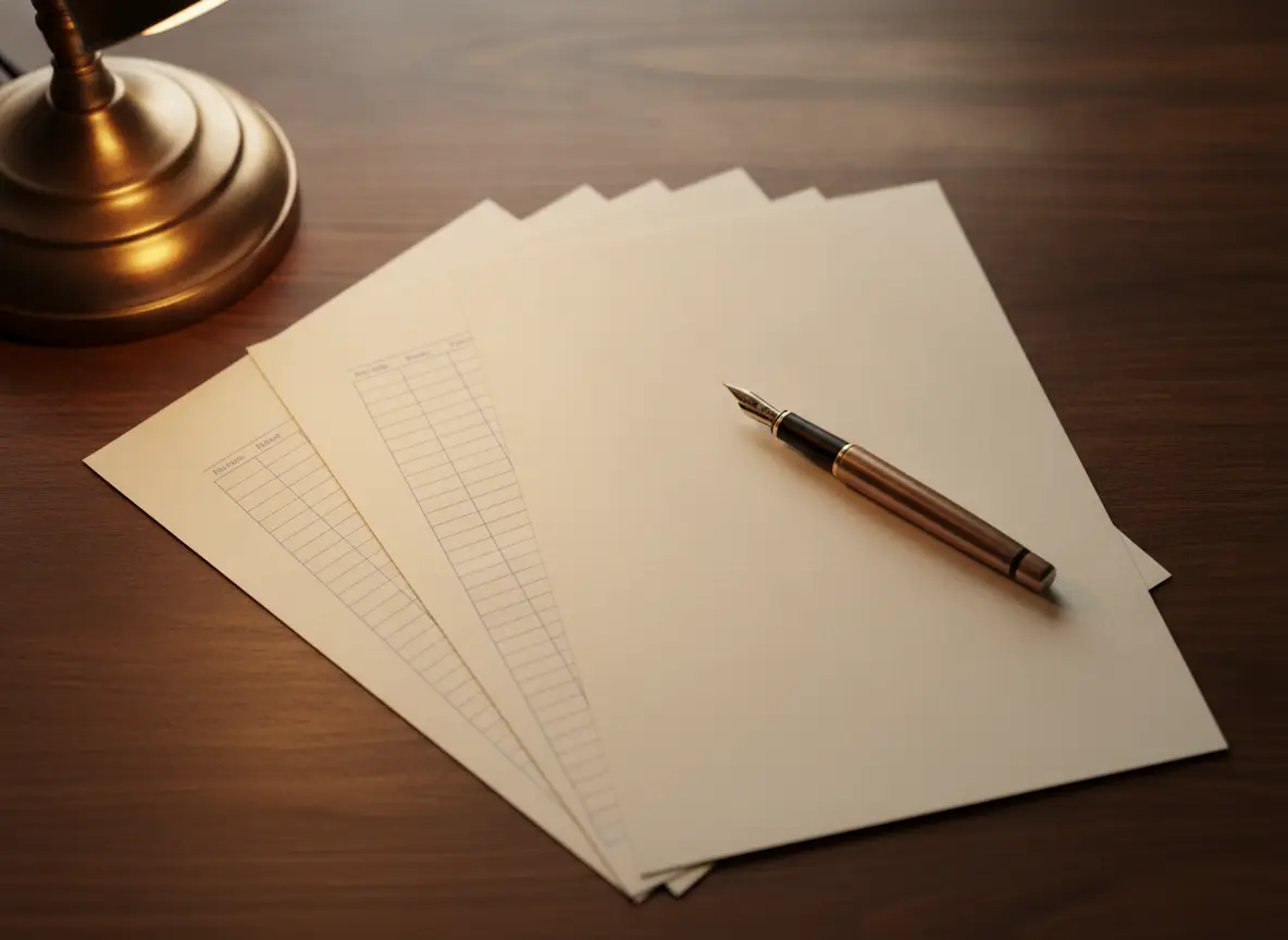 Plain statement paper fanned across a desk with a pen resting across it.