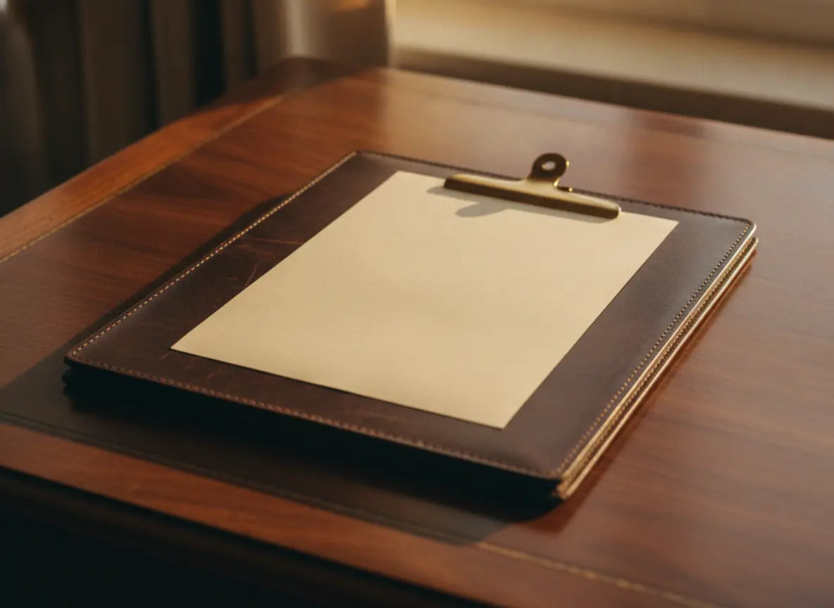 A closed leather folio squared on a desk with a single blank sheet under a brass clip.